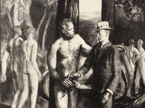 Barnstaple receives final instruction before his cross-time journey home. Portion of a George Bellows illustration from the 1923 edition of Men Like Gods.